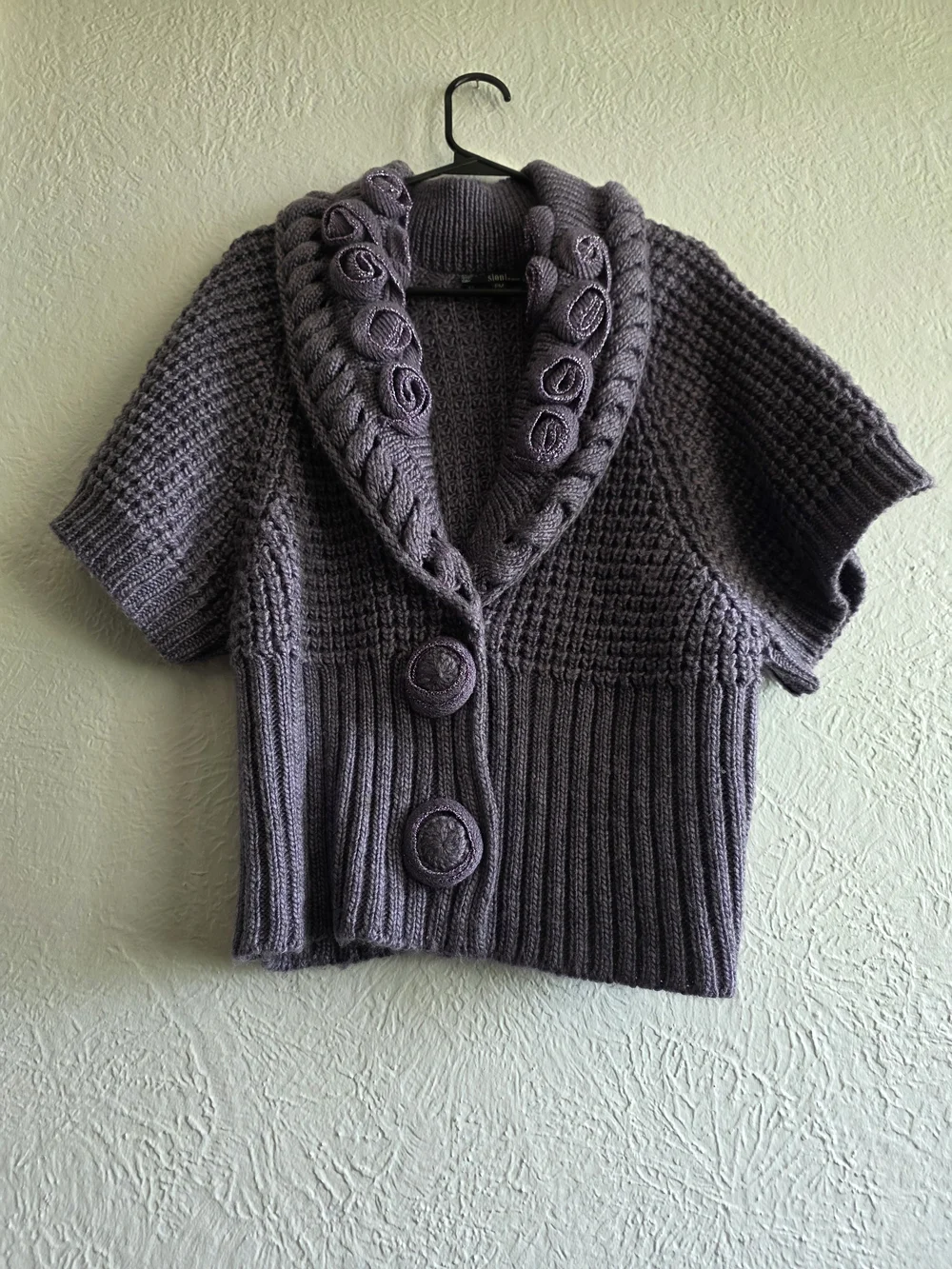 Whimsigoth Sioni Short-Sleeve Purple Chunky Cardigan With Floral Collar